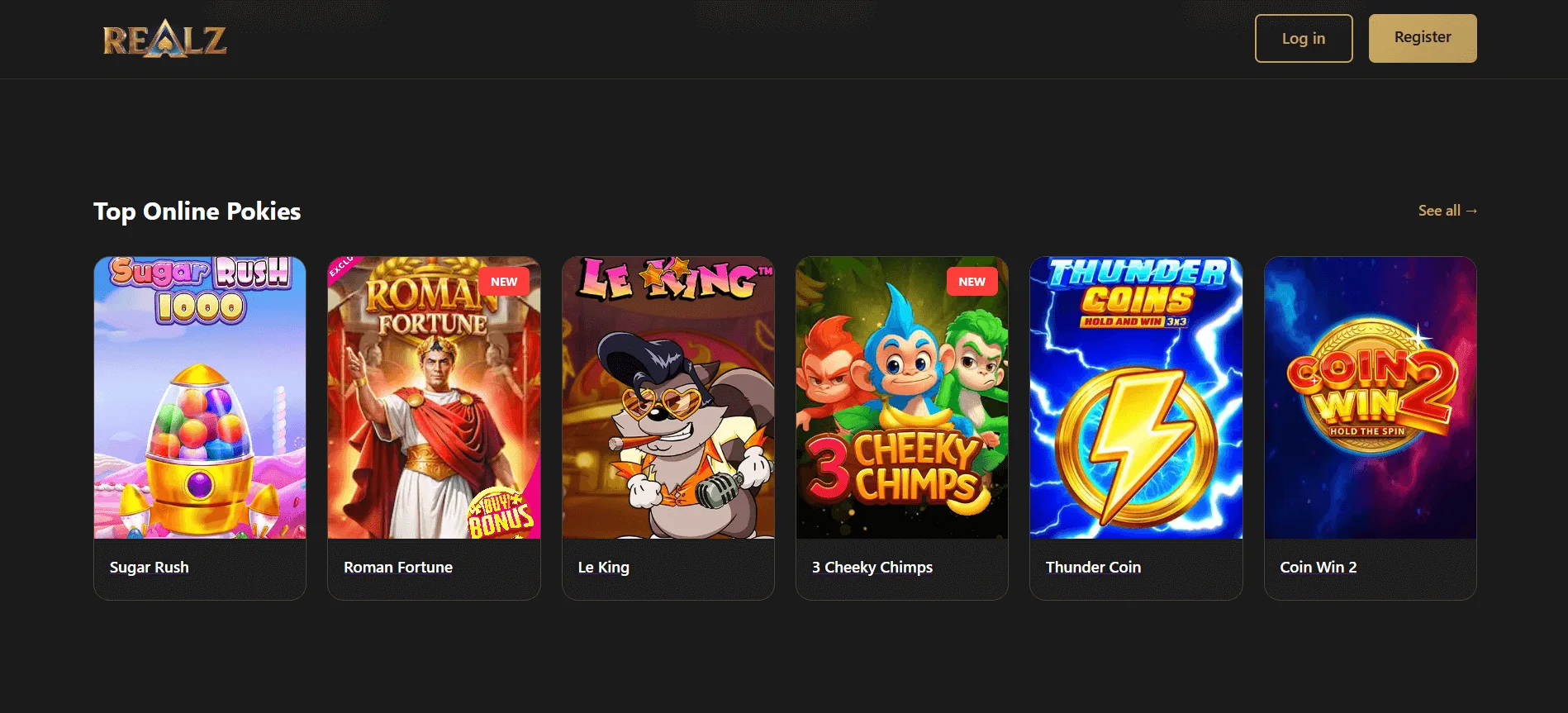 Realz frontpage with top online casinos displayed